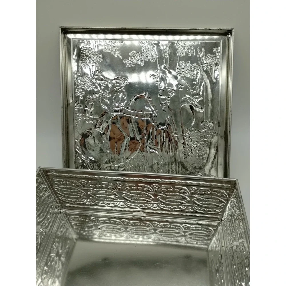 Vintage Biscuit Tin Box Embossed Colonial Equestrian Forest Theme Silver Toned